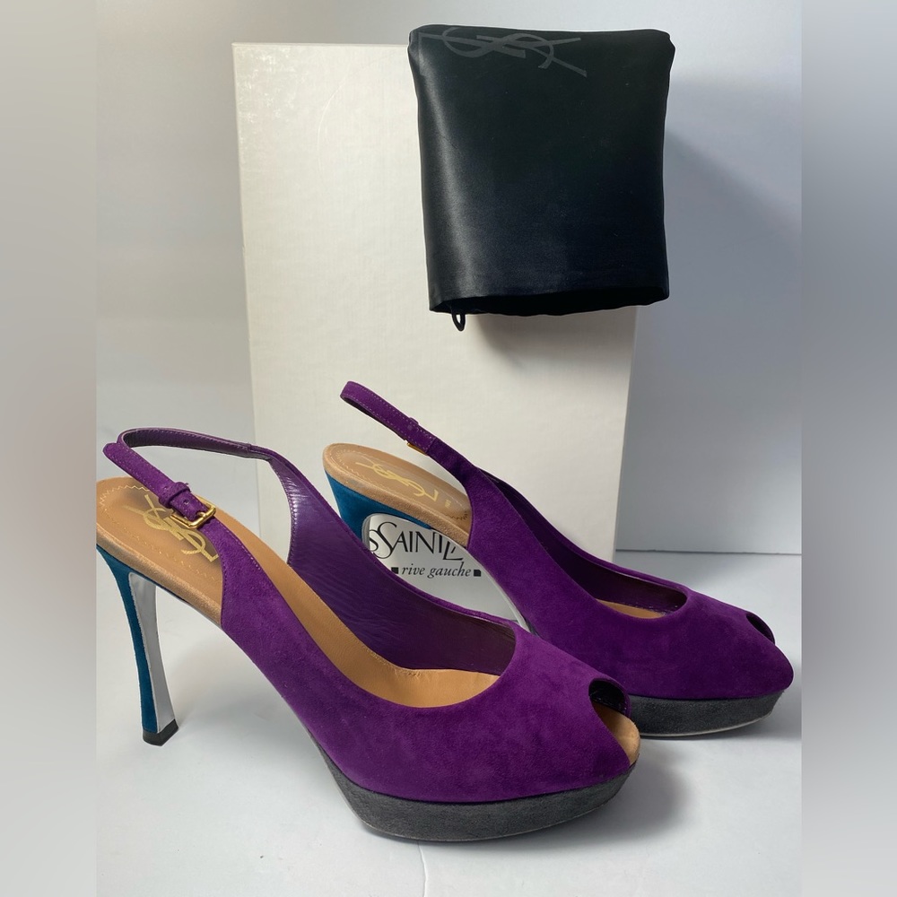 YSL Yves Saint Laurent Suede Pumps Sandals Heels slingback purple 40 - Picture 1 of 11